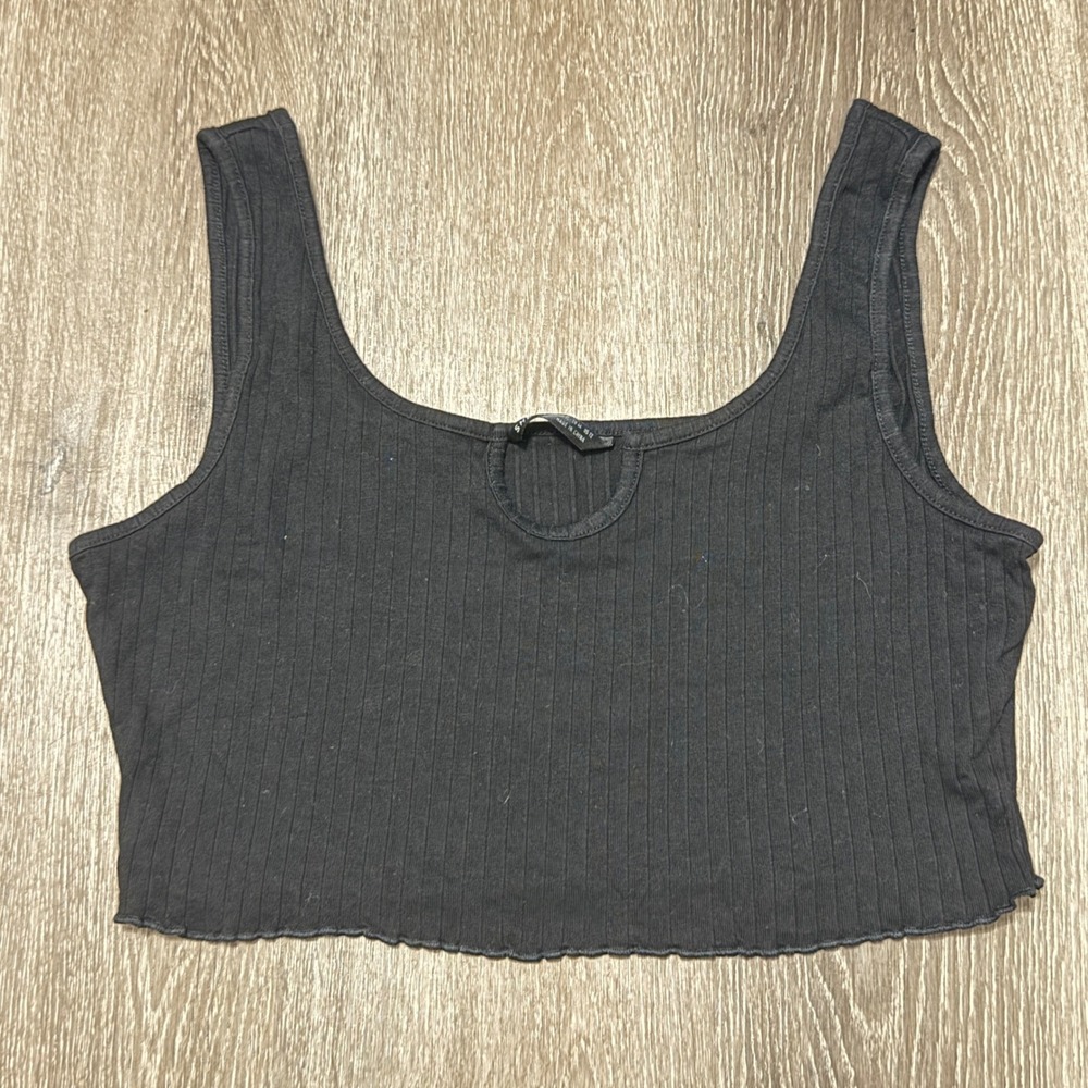 SHEIN Crop Top Women Size L Black Ribbed Cutout Lettuce Edge Hem Sleeveless